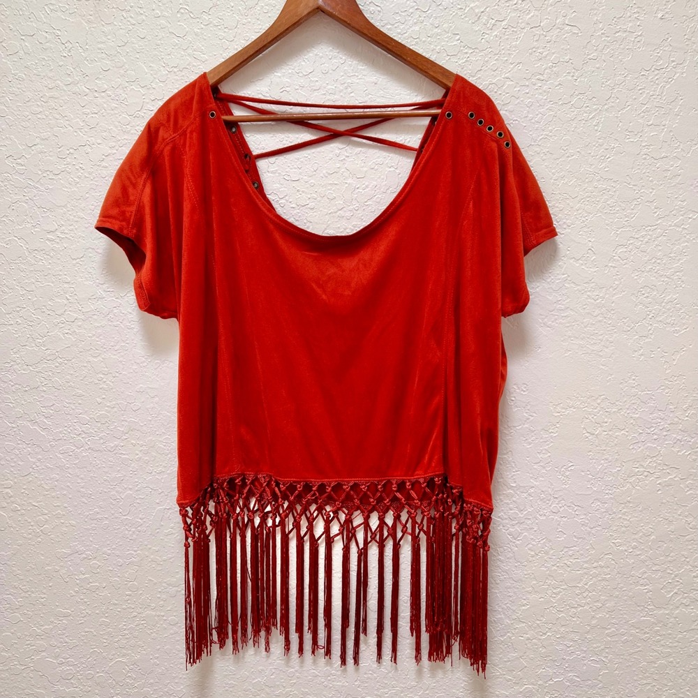 Cecico Rust Orange Faux Suede Fringe Macrame Boho Crop Top Large Western Grommet